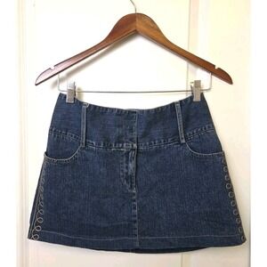 Vintage Y2K Cache Micro Mini Denim Stretch Dark Wash Embroidered Skirt Sz 8